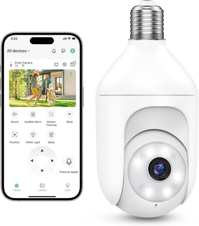 Akasumer 2K 360° Wi-Fi Ampul Kamera – İç/Dış Mekan Güvenlik Kamerası, Renkli Gece Görüşü, Hareket Algılama, Çift Yönlü Ses