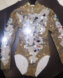 Altın Rhinestones aynalar parlayan Bodysuit kadınlar doğum günü ünlü balo parti sparkly kıyafet şarkıcı sahne dans kostümü