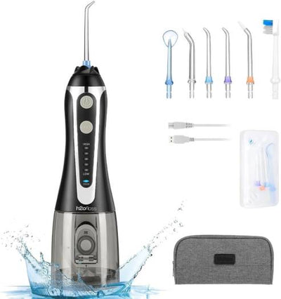 H2Ofloss Portable Oral Irrigator for Teeth, Braces, Rechargeable & IPX7 Waterproof Teeth Cleaner for Home Travel HF2 Black